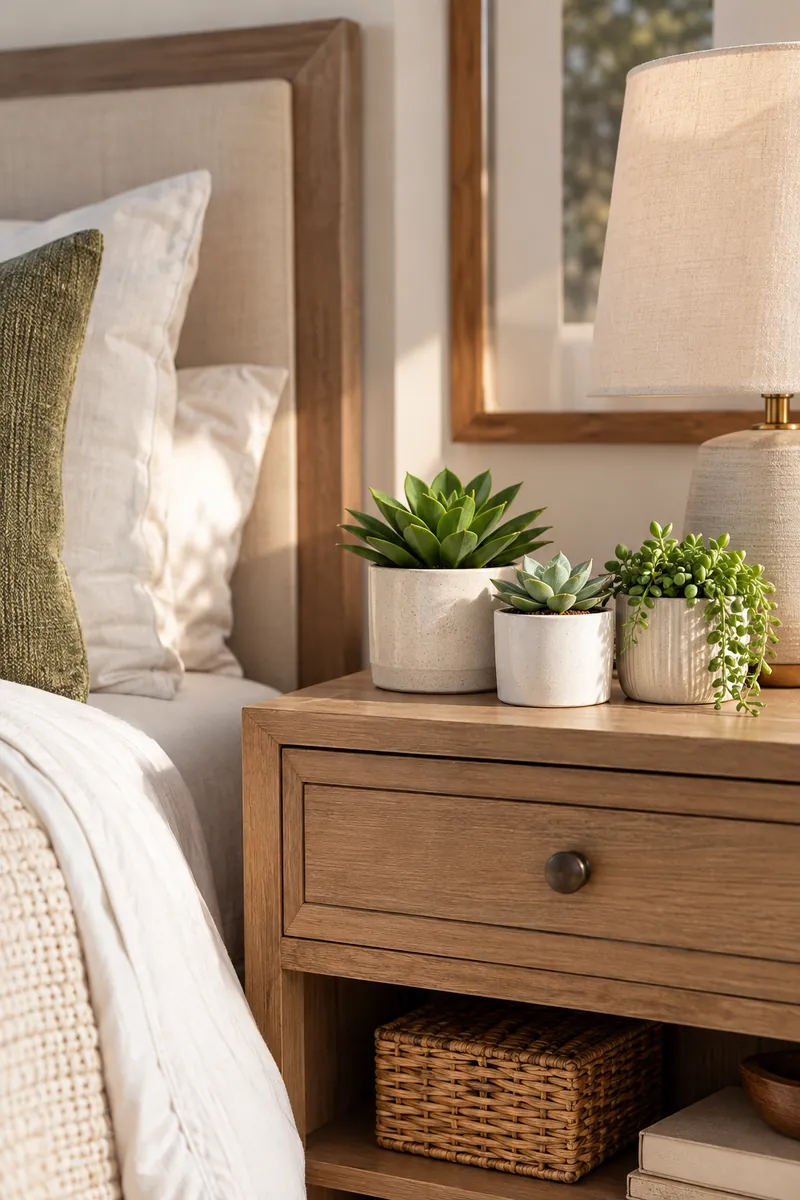 Artificial Greenery Bedroom Faux Succulents Faux succulents lined up on a nightstand