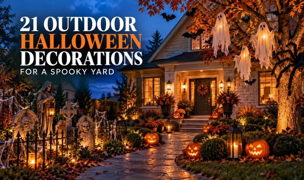 Spooky suburban yard with ghosts pumpkins graveyard lanterns and bold Halloween headline