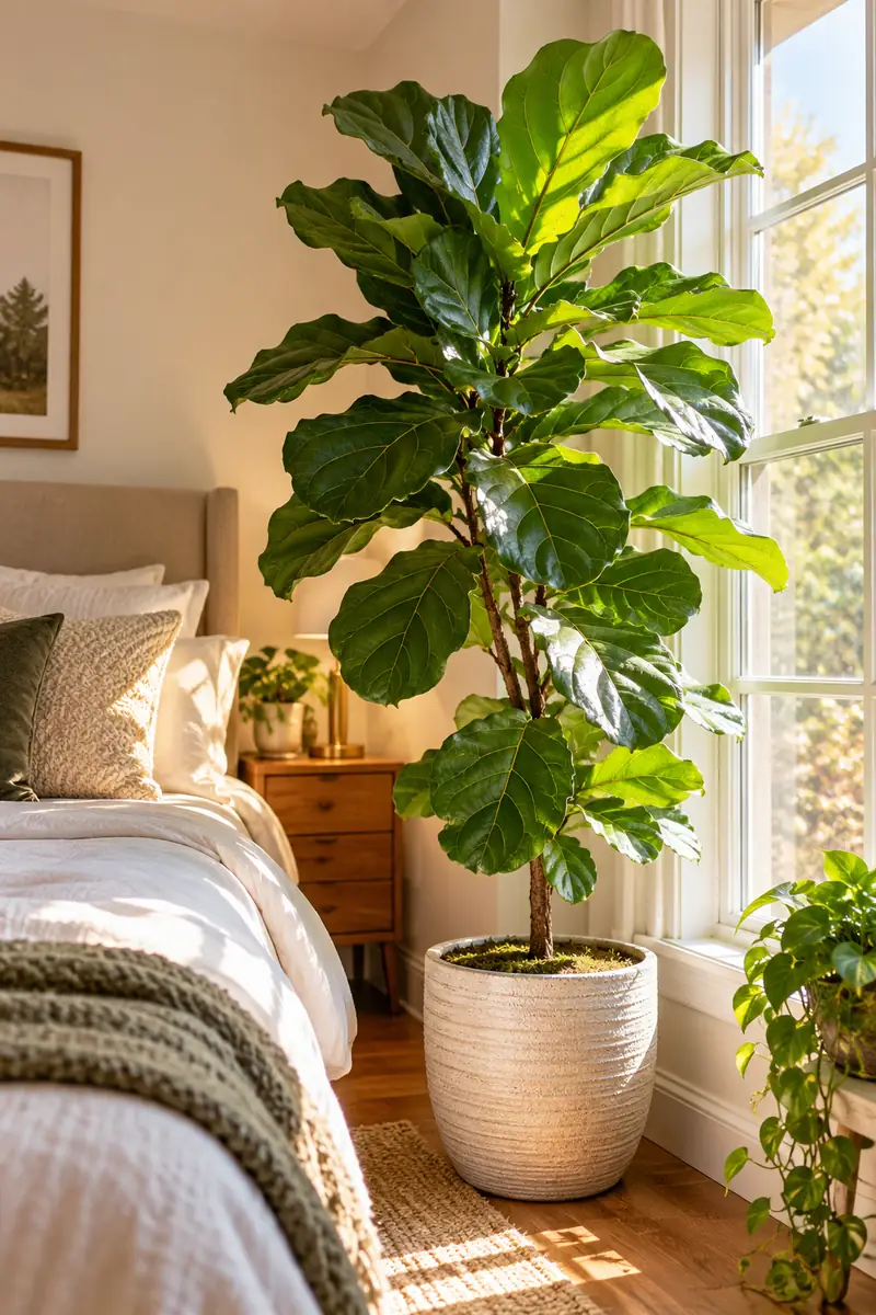 Fiddle-leaf fig tree in a sunny bedroom corner for greenery bedroom ideas