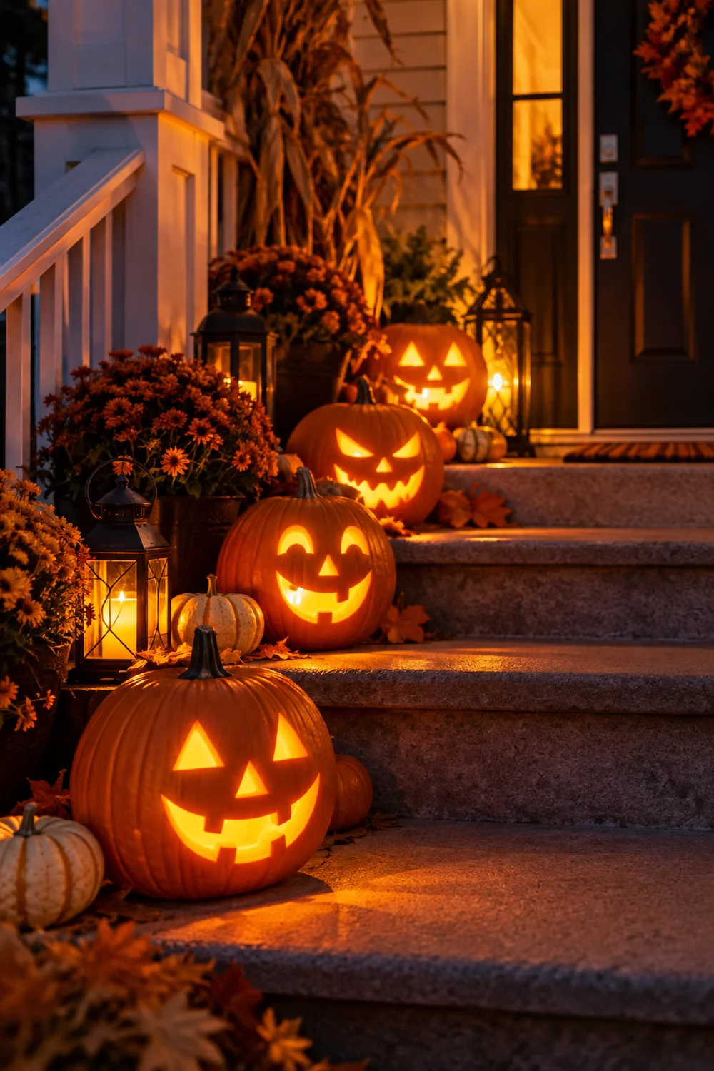 Carved pumpkins glowing with flickering LED lights inside
