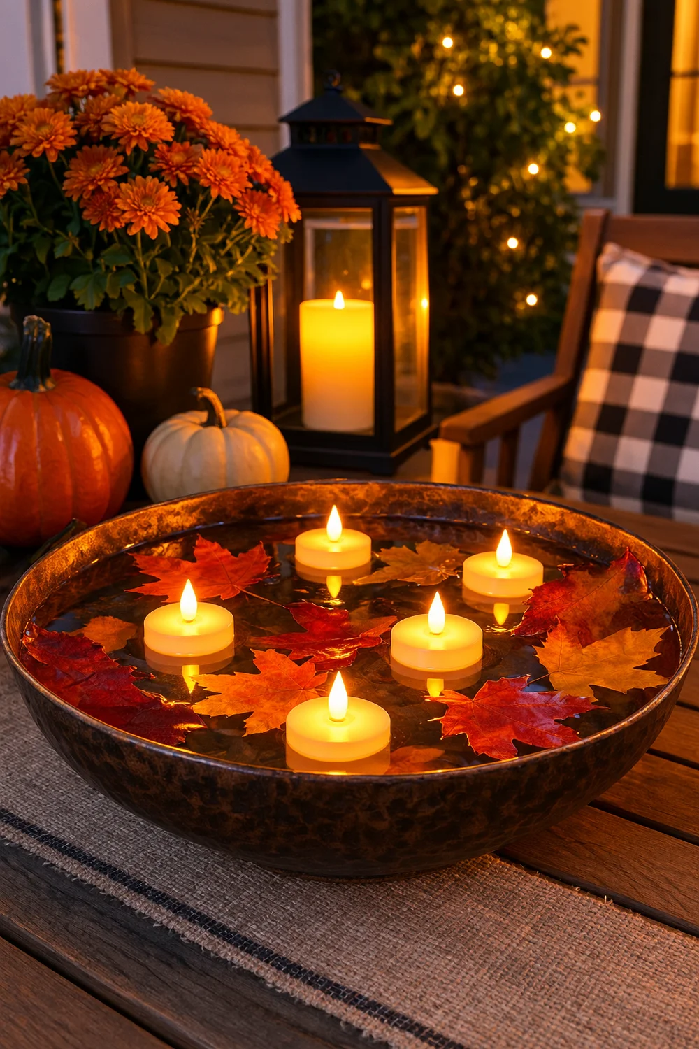 Floating LED candles in a bowl of water with autumn leaves