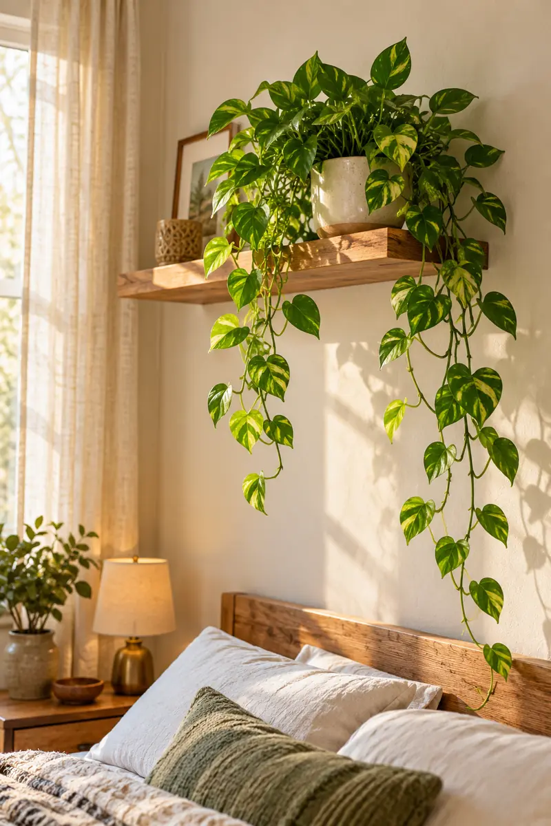 Floating shelf with trailing pothos in a bedroom