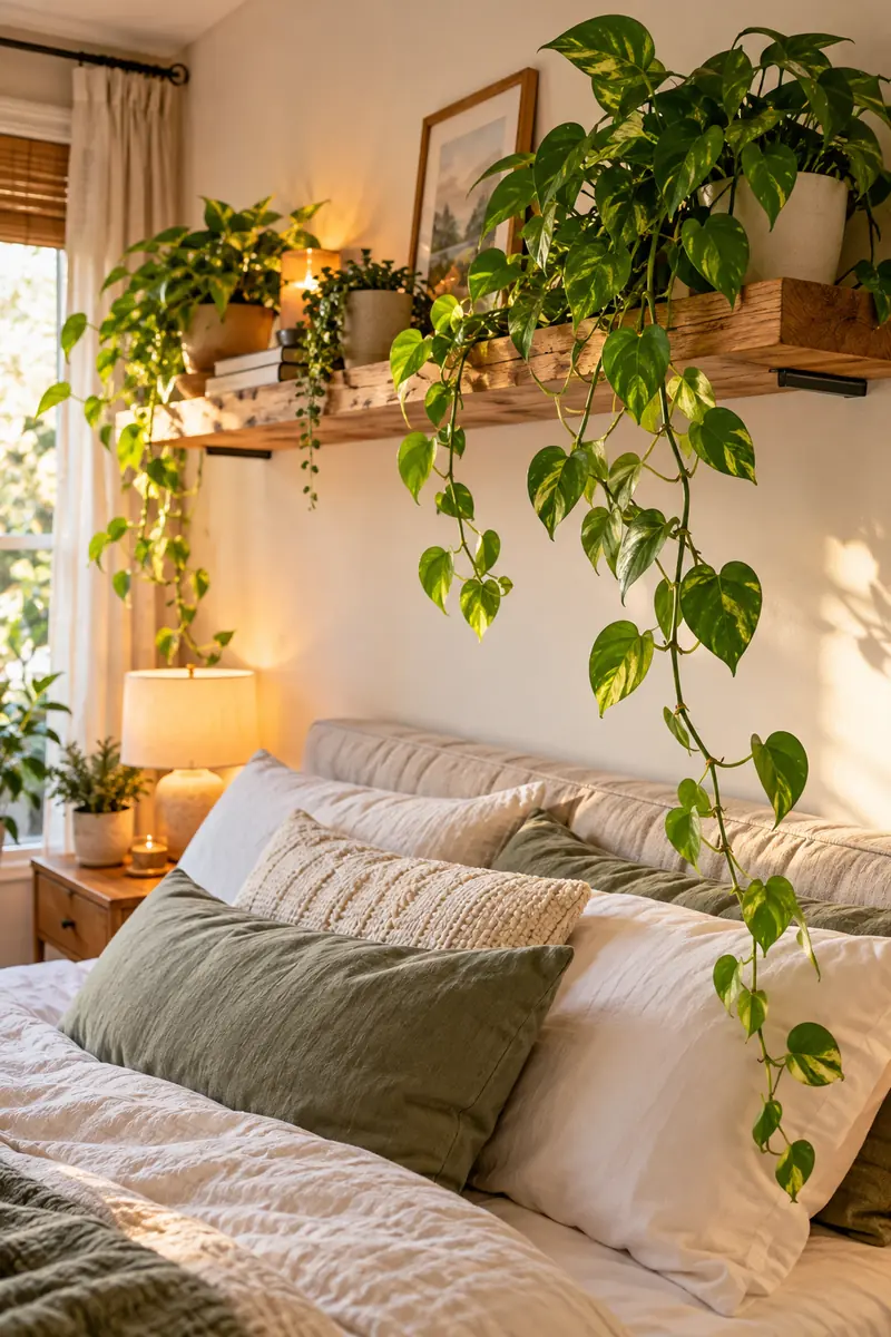 Floating shelf with trailing pothos plants in a small bedroom