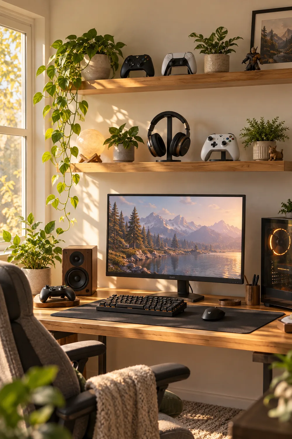 Wooden floating shelves holding game controllers and headset