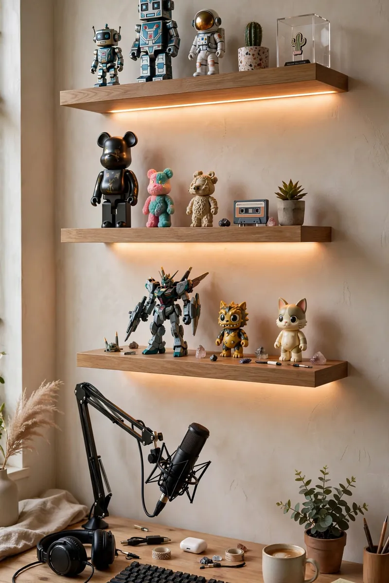 Floating shelves with figures and LED strips as streaming background