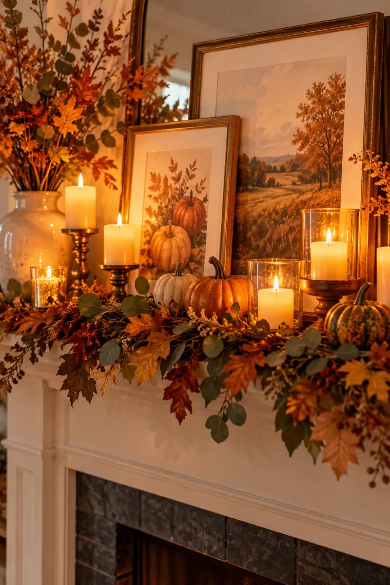 Framed Thanksgiving prints layered behind candles on a mantel