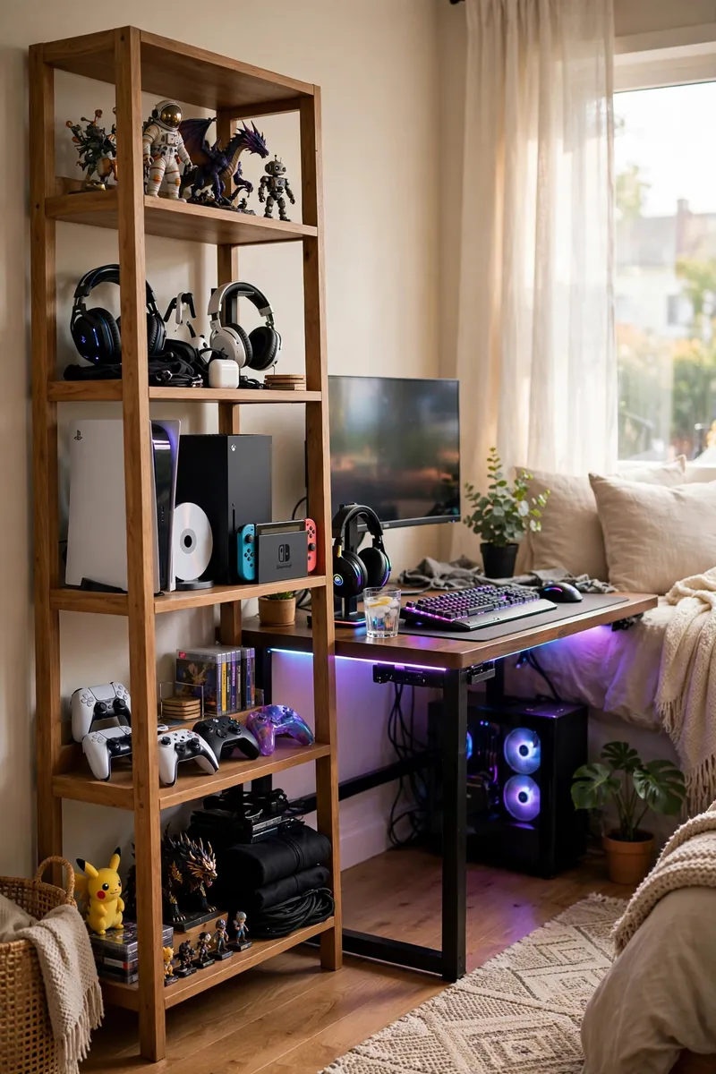 Freestanding shelving unit displaying gaming gear in a rental bedroom