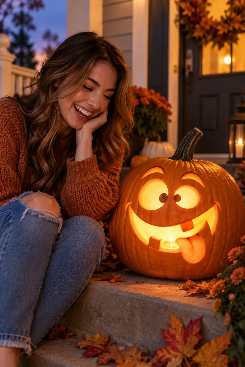 Pumpkin carved with cross-eyed goofy face glowing on a porch