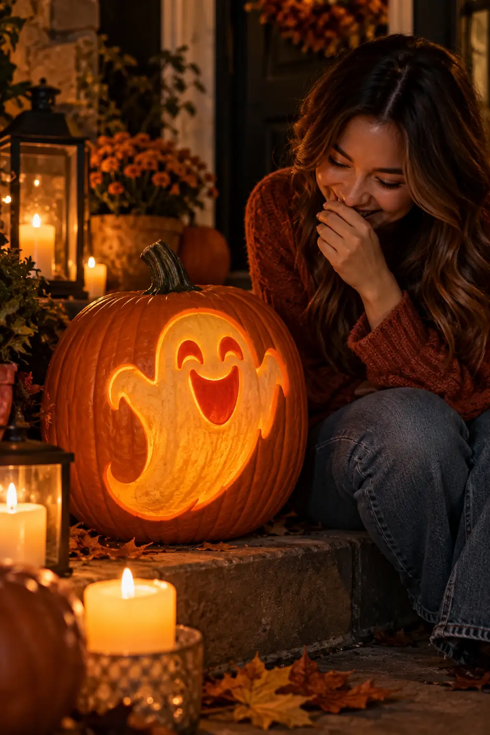 Pumpkin carved with giggling ghost face, glowing softly on a porch at night