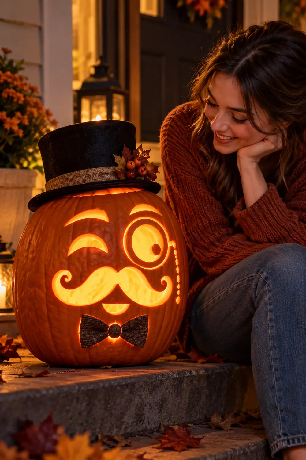 Pumpkin with carved mustache and monocle-style eye, funny gentleman face