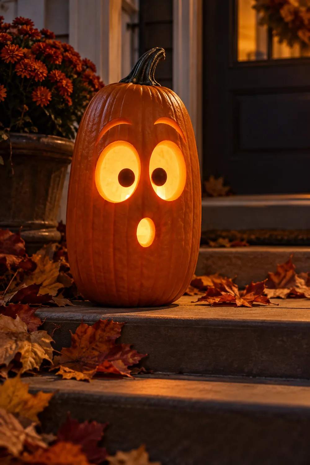 Pumpkin with surprised wide eyes and small open mouth glowing at night
