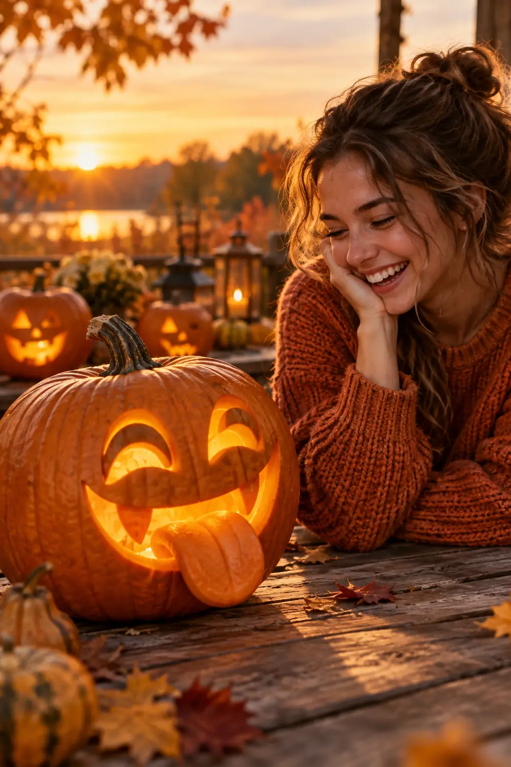 Pumpkin carved with silly tongue-out face, girl laughing beside it on a porch