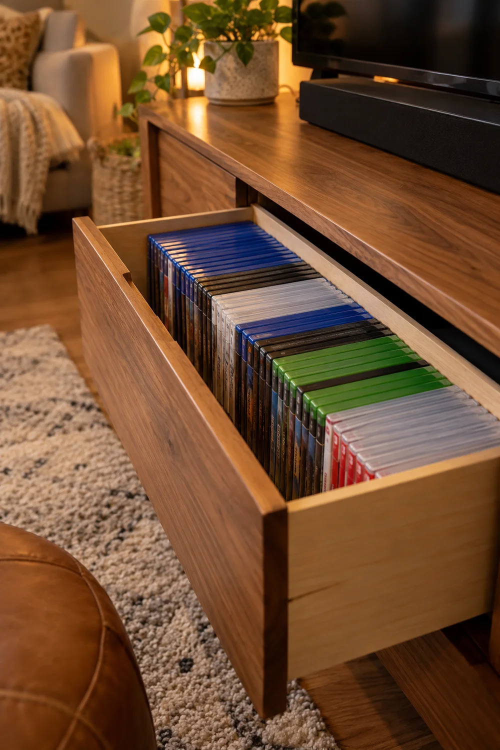 Game cases organized upright in a single drawer