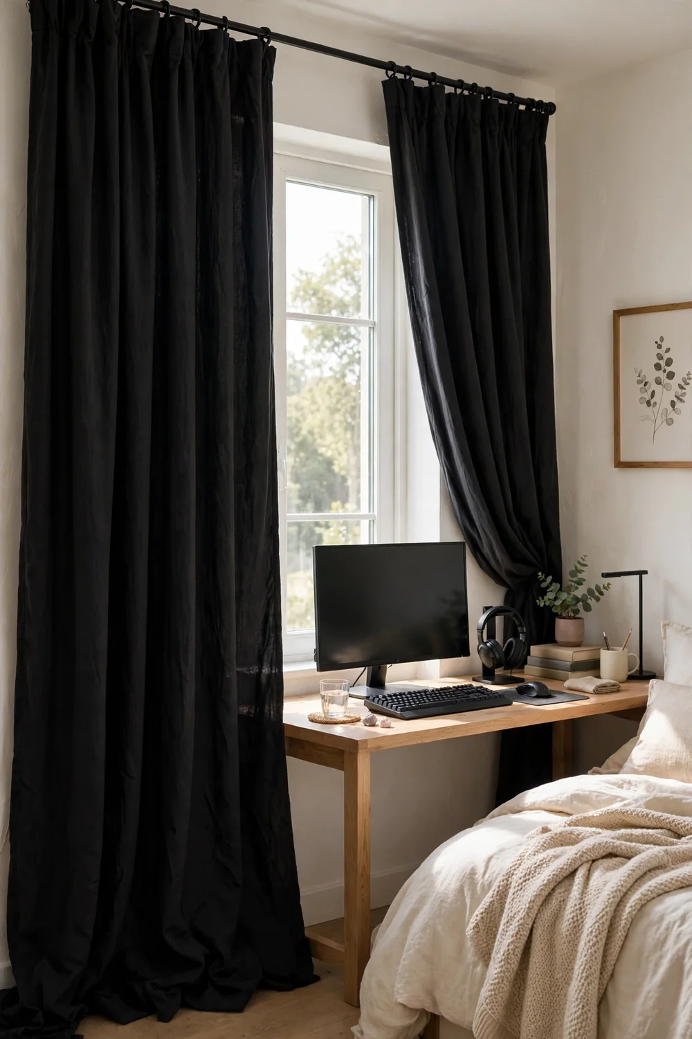 Bedroom window with blackout curtains framing a gaming desk setup