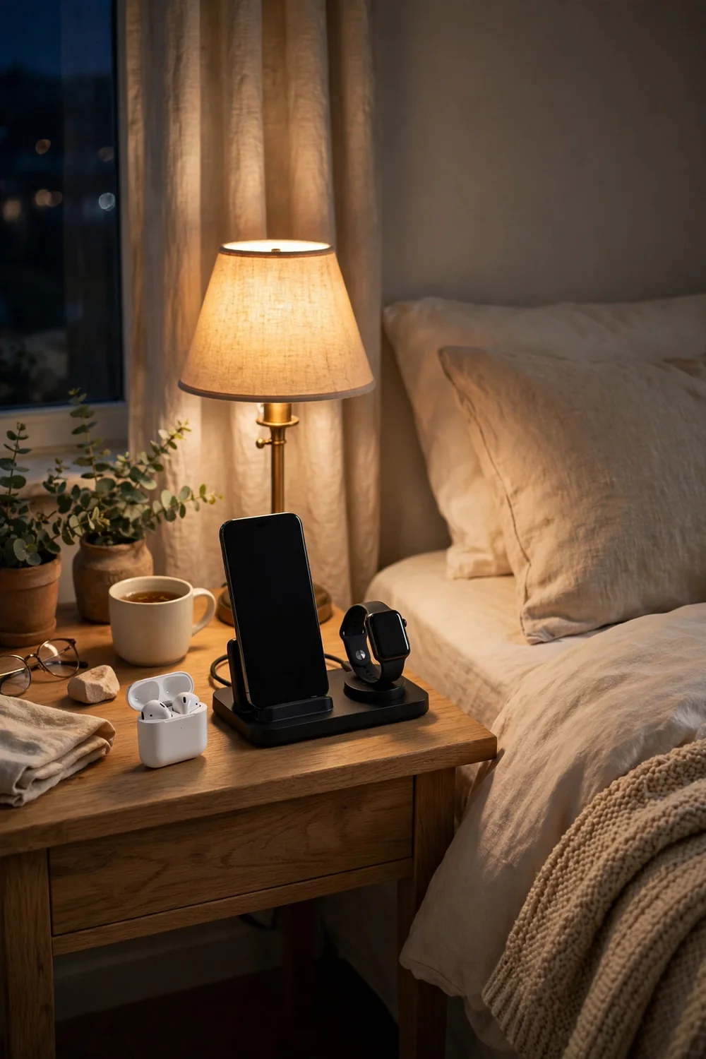 Nightstand with a charging dock holding a phone earbuds and watch beside a bed