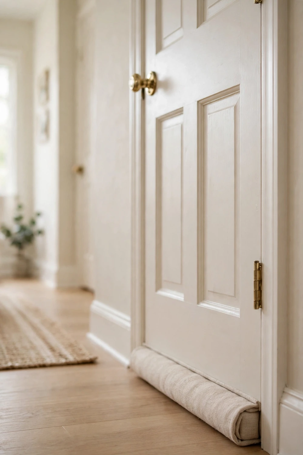 Bedroom door with a draft stopper sealing the gap at the bottom