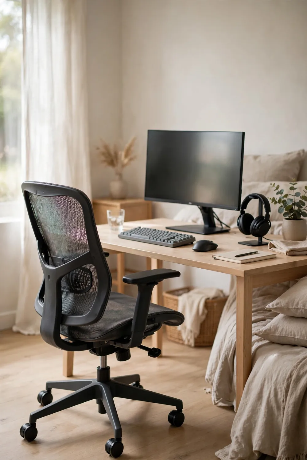 Ergonomic office chair at a clean gaming desk in a calm bedroom
