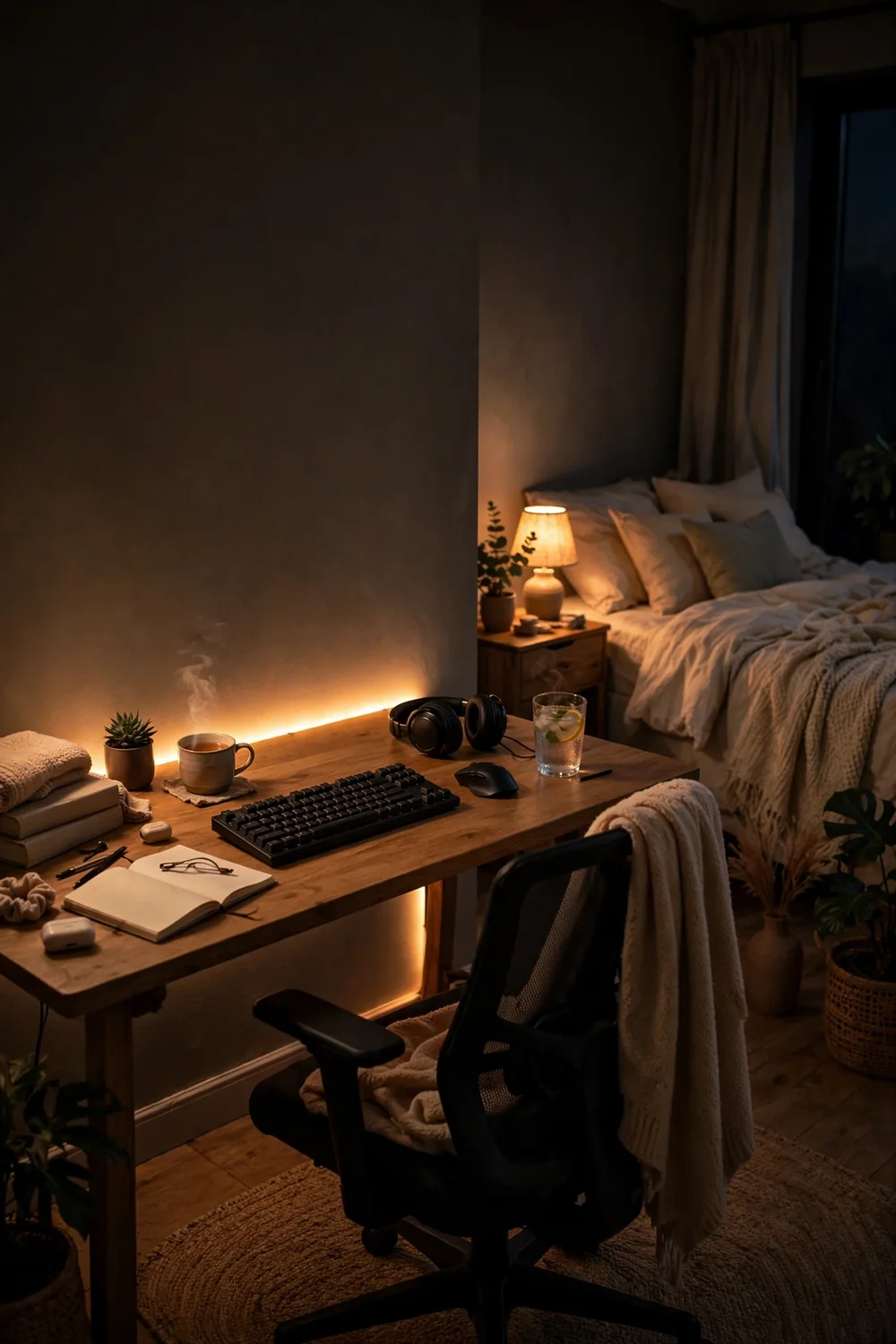 Bedroom with LED strips glowing dim amber behind the desk at night