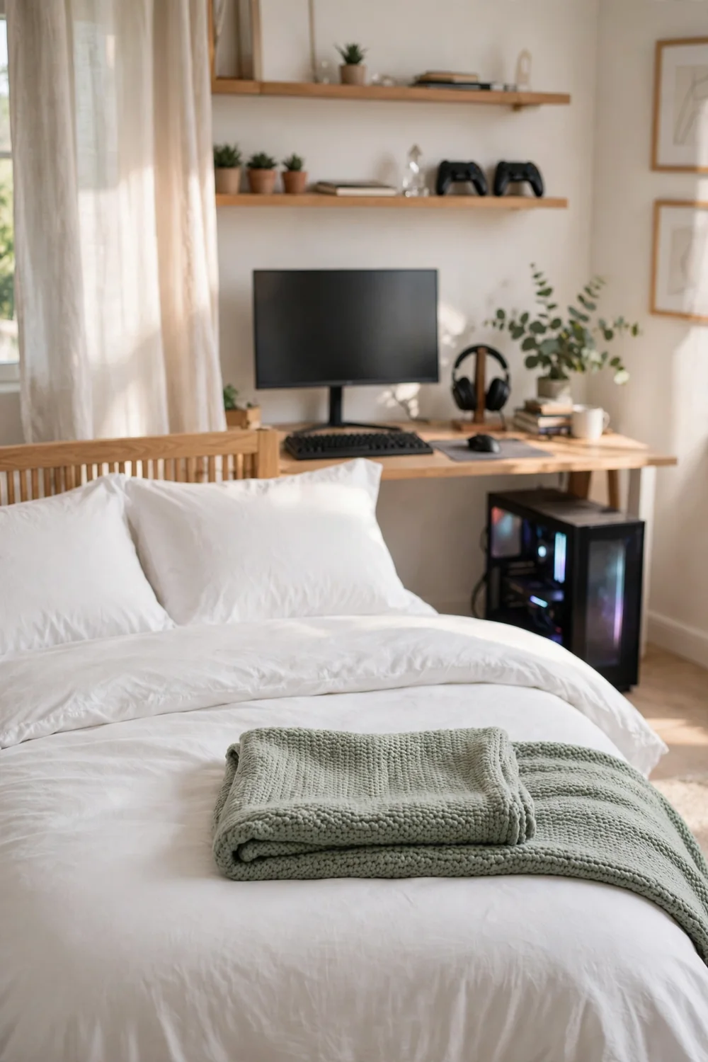 Neatly made bed in a gaming bedroom with the desk visible in the background