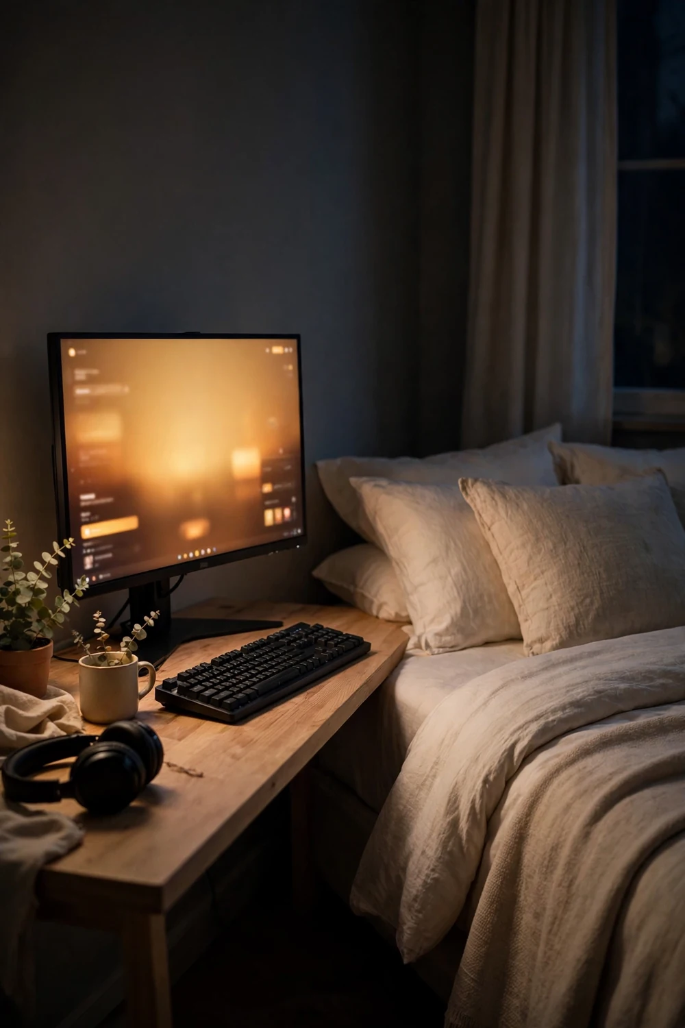 Gaming monitor with warm night mode glow in a dark bedroom