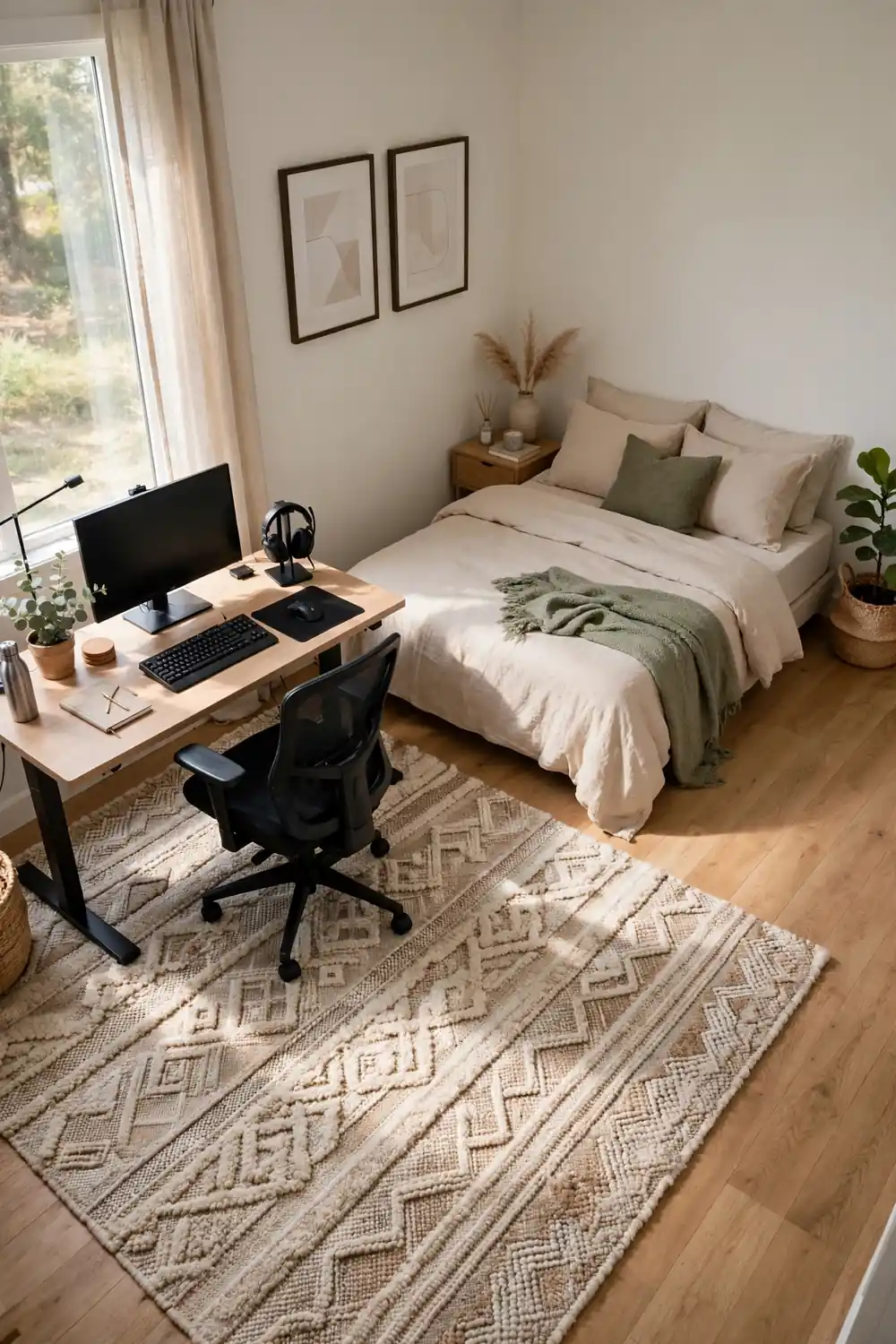Gaming bedroom with a large rug under the desk setup separating it from the bed
