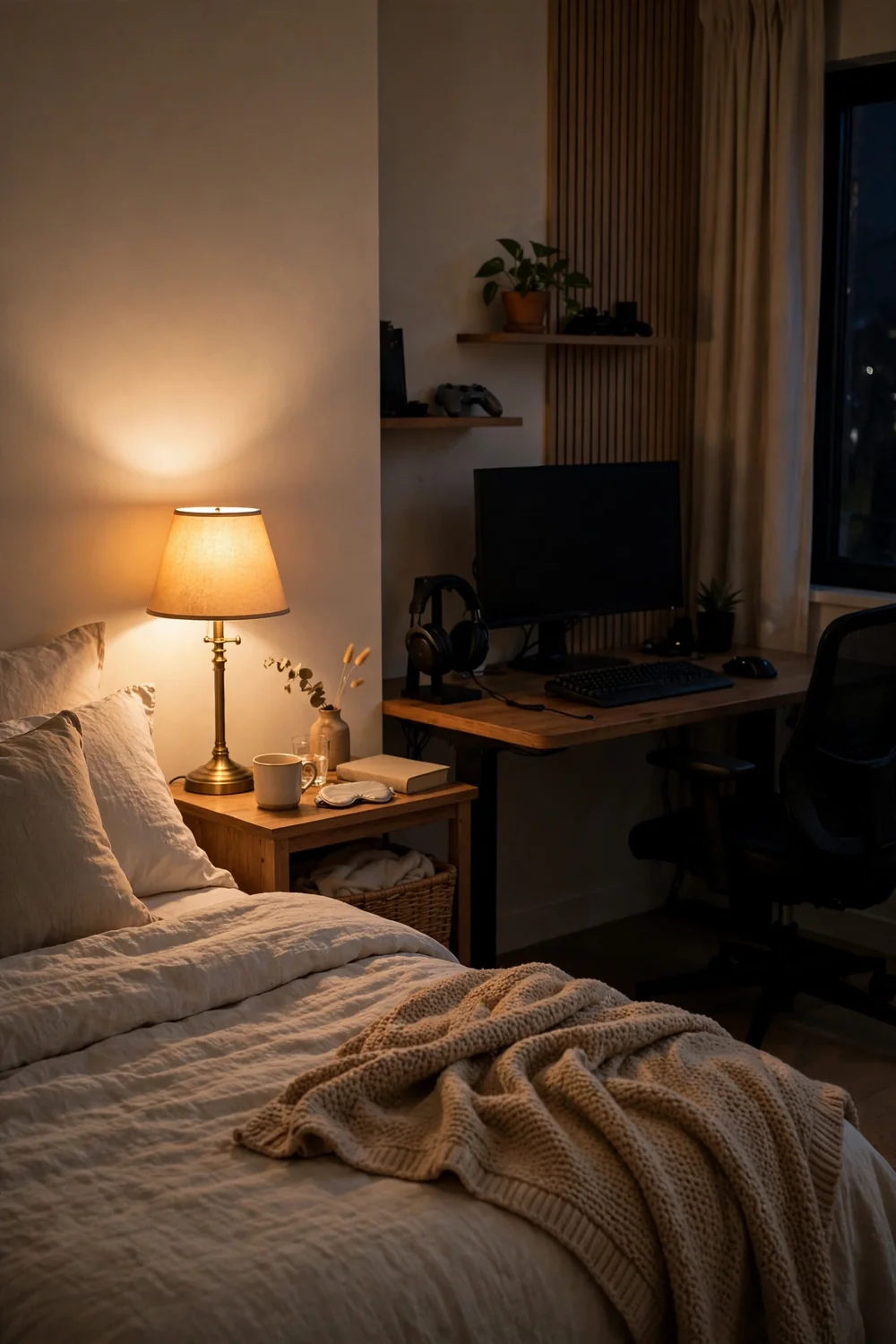 Tidy gaming bedroom at night with warm bedside lamp glowing and desk in shadow