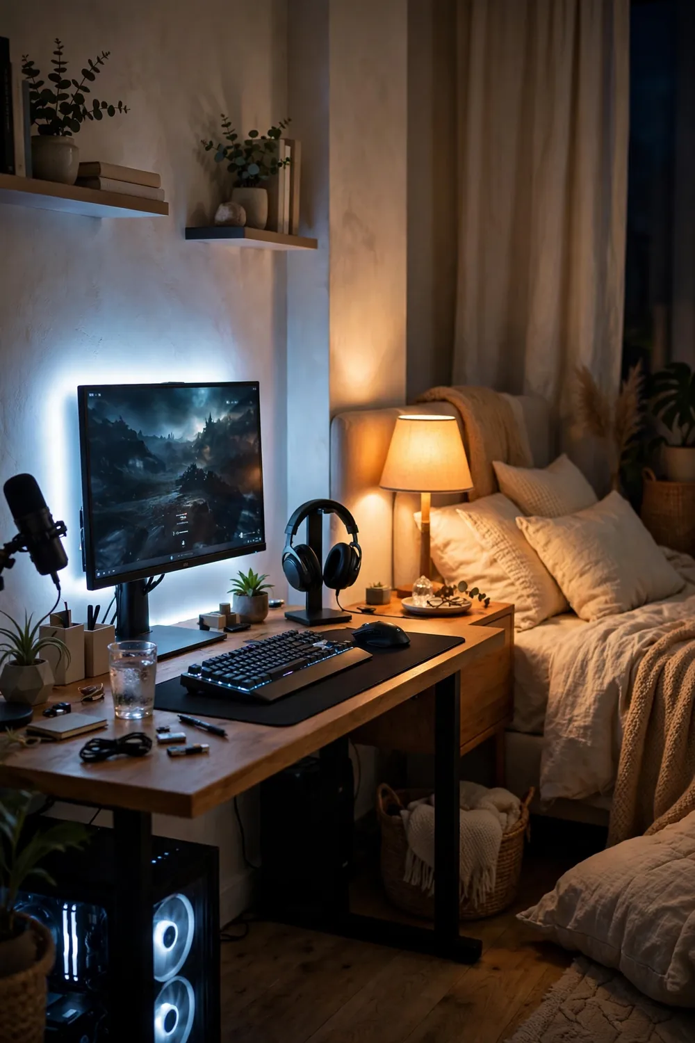 Gaming desk with cool bias lighting behind the monitor and a warm lamp glowing by the bed