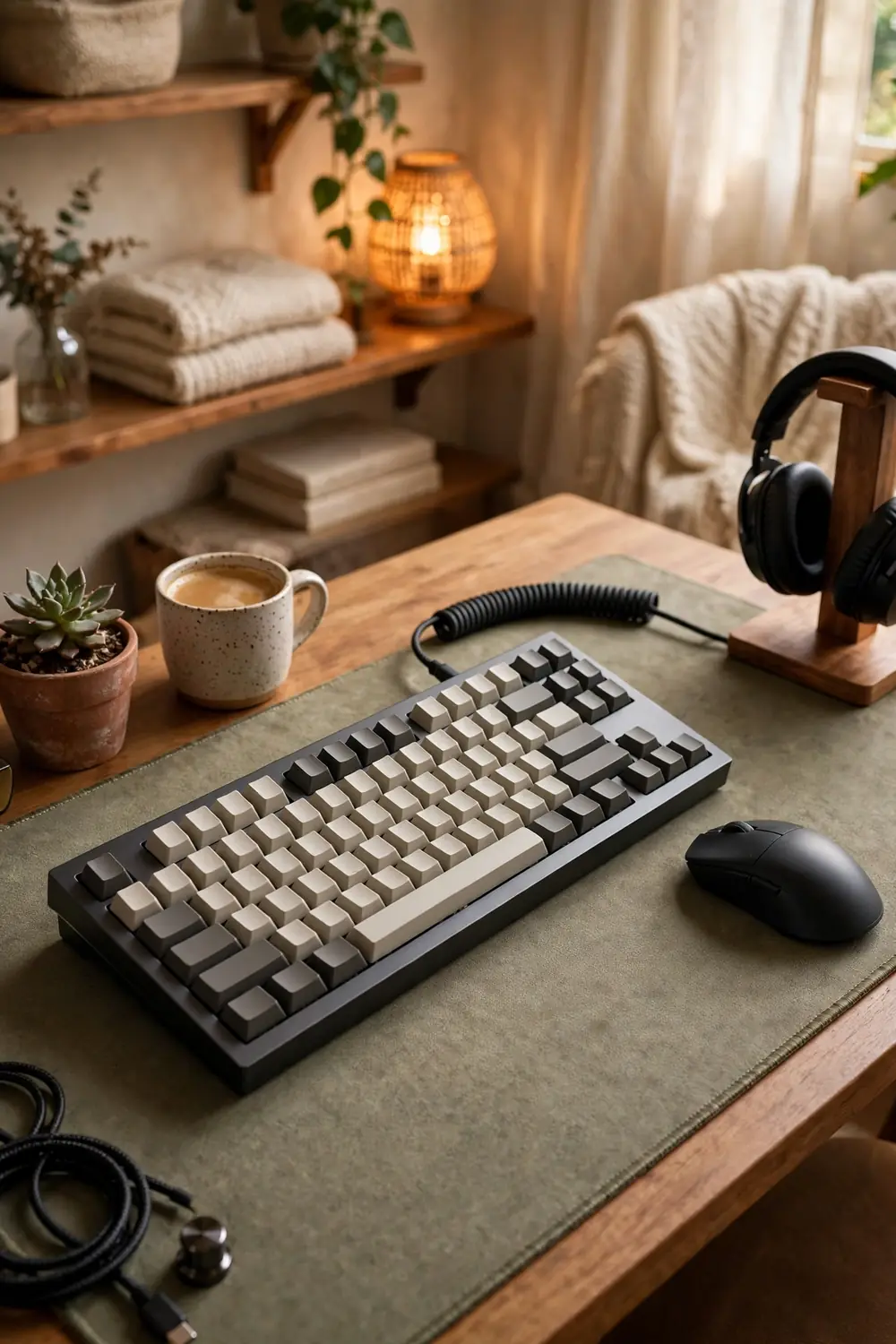 Angled mechanical keyboard and mouse on a large desk mat at a gaming setup