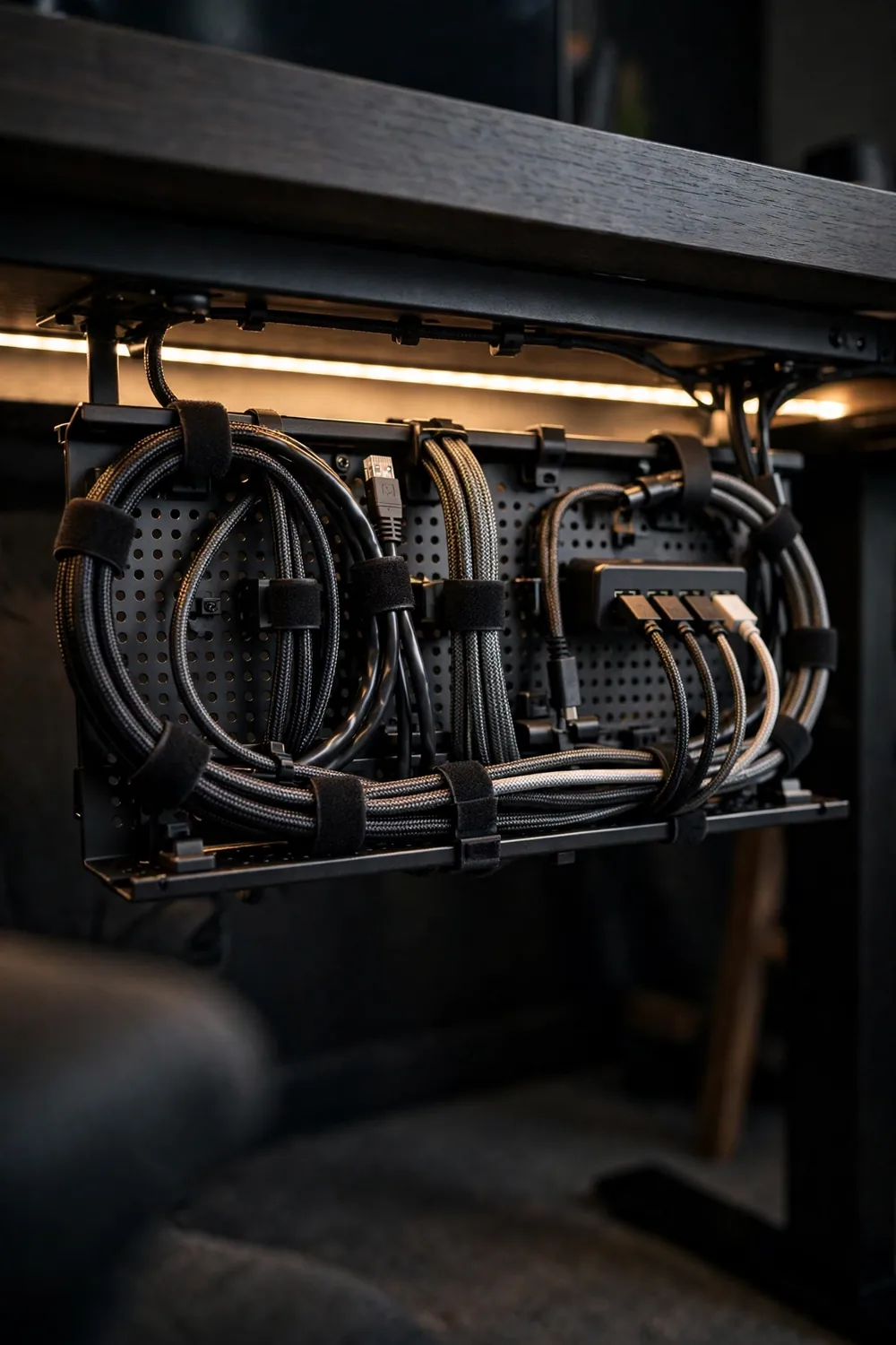 Tidy cable tray mounted under a gaming desk with neatly routed cables