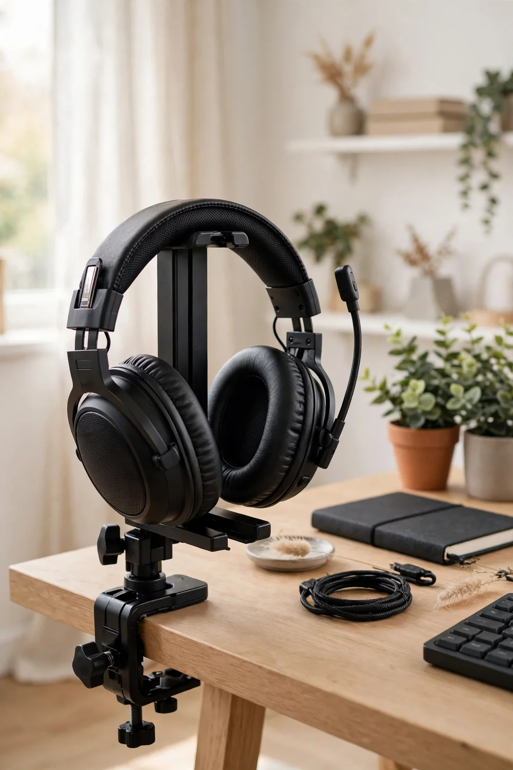 Gaming headset on a stand clamped to the side of a tidy desk
