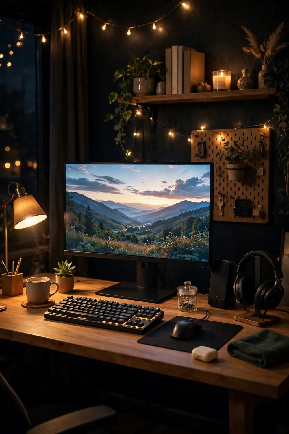 Complete gaming desk setup at night with monitor glowing and tidy organized surface