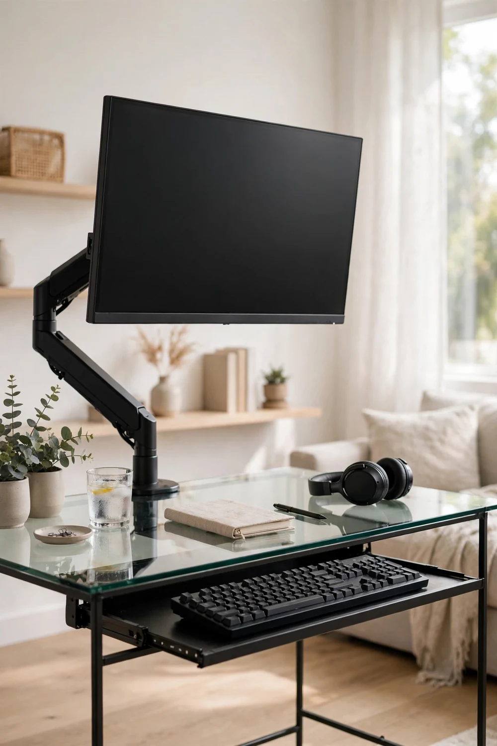 Gaming monitor on an arm floating above a clear desk with keyboard tucked underneath