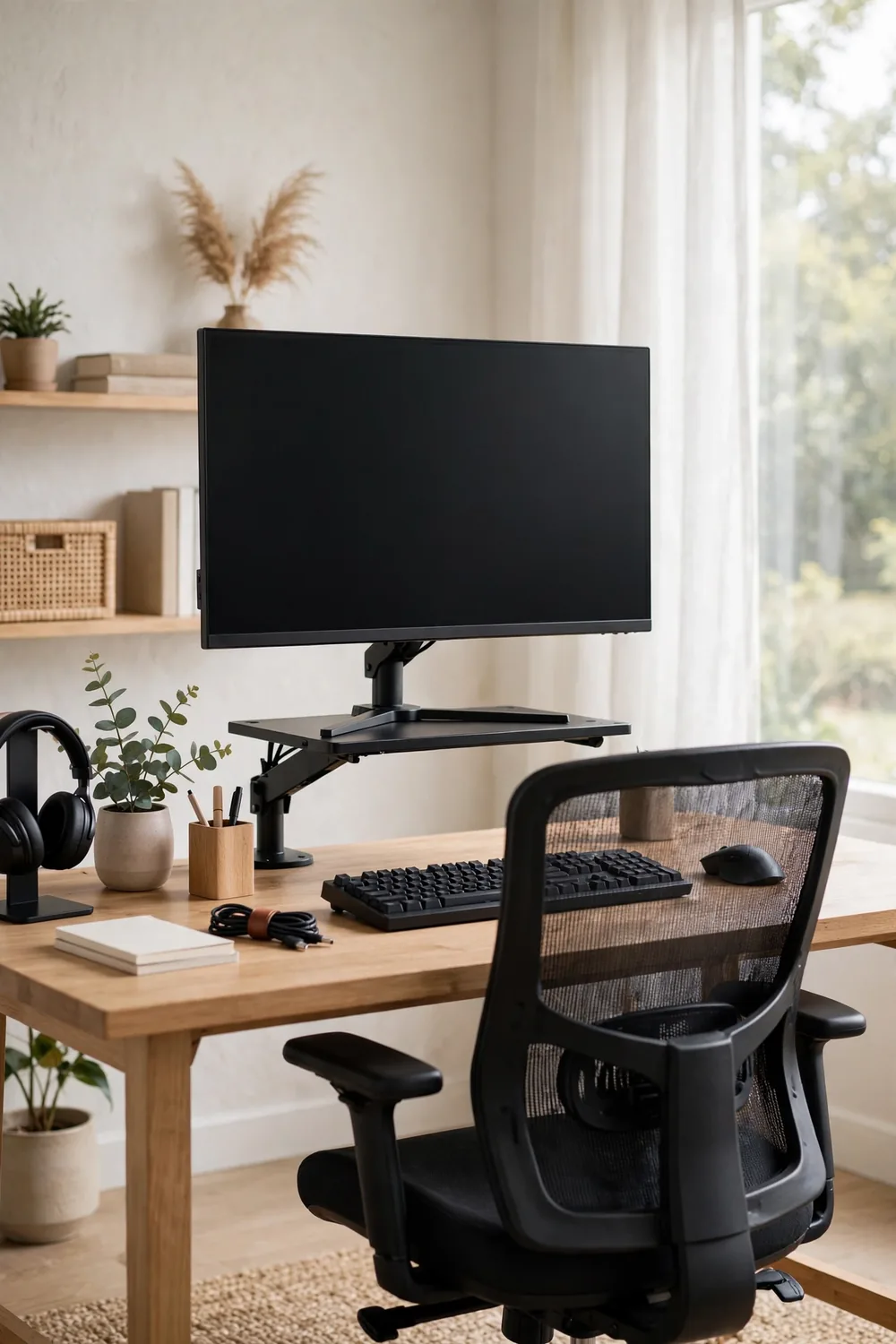 Gaming monitor raised to eye level on a stand with an ergonomic chair behind the desk