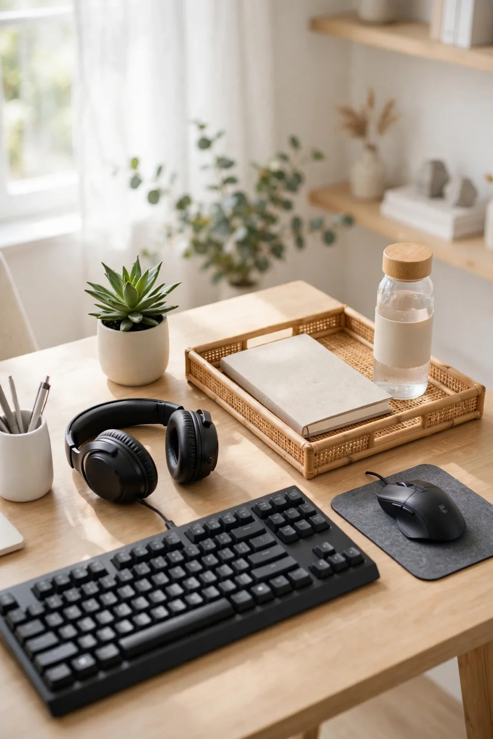 Gaming desk with a tidy corner tray holding a notebook and water bottle away from the keyboard