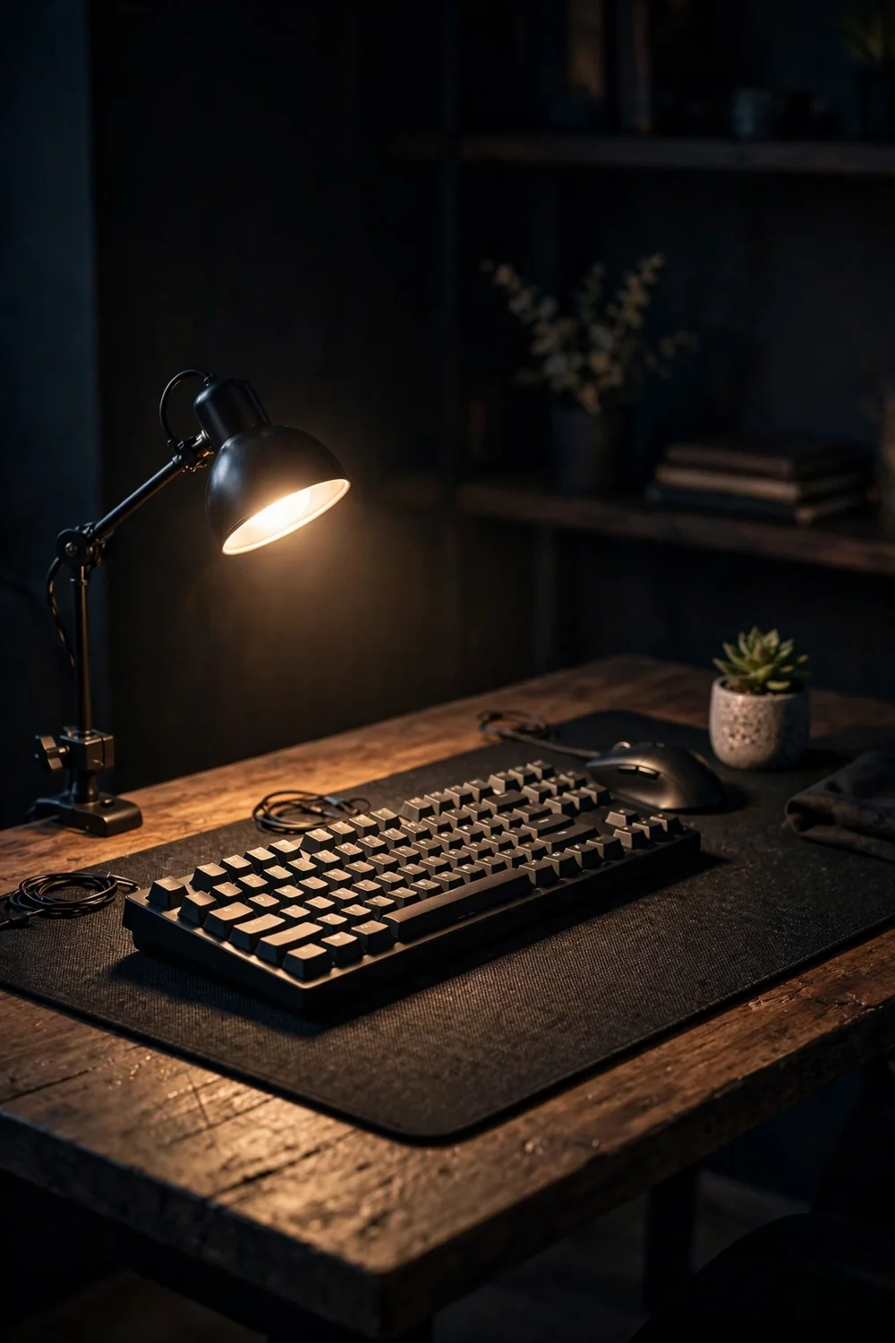 Small desk lamp on the side of a gaming desk aimed down at the keyboard