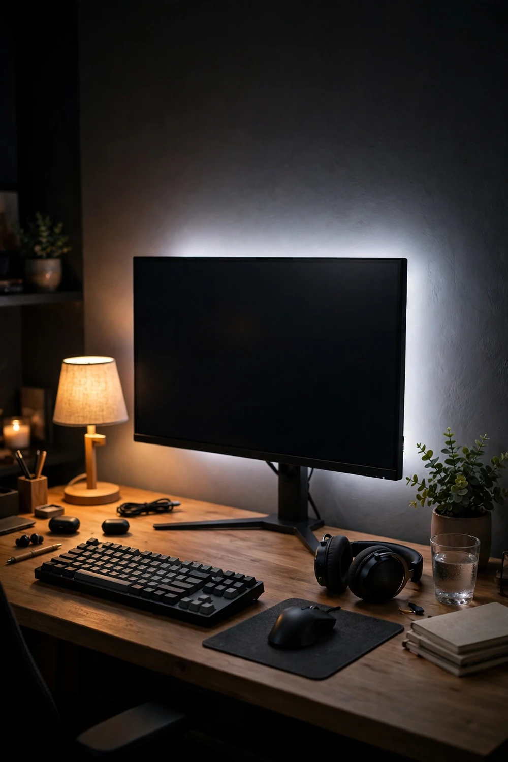 Monitor with a soft white glow washing the wall behind it in a dark gaming room