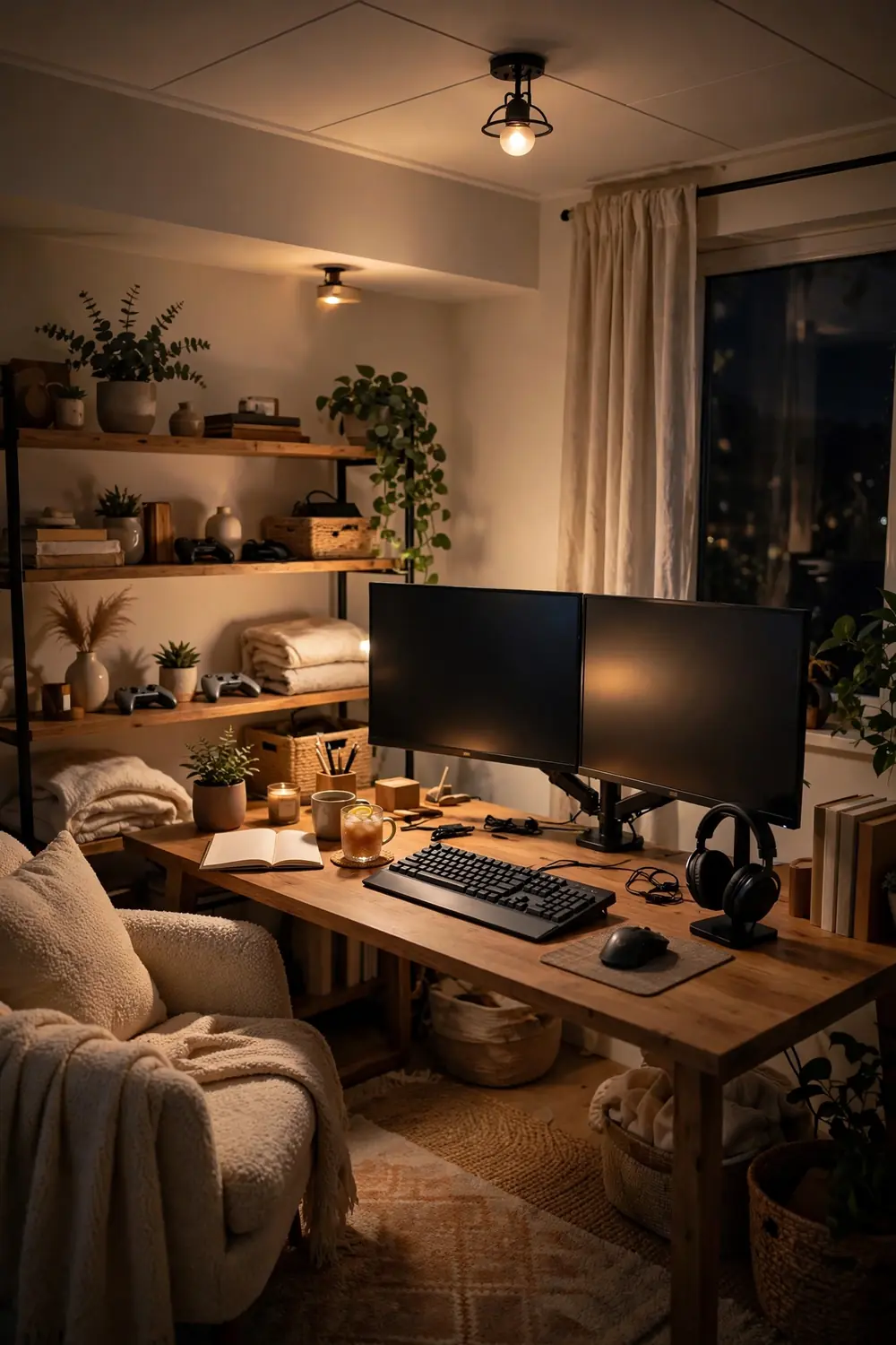 Gaming room ceiling light dimmed to a low warm glow above a desk setup