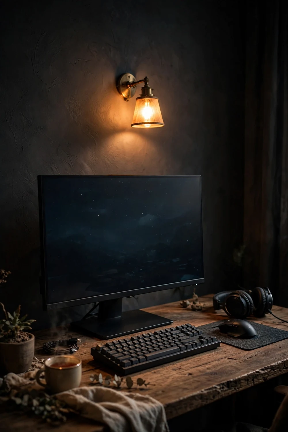 Warm lamp glowing on the wall behind a gaming monitor on a desk
