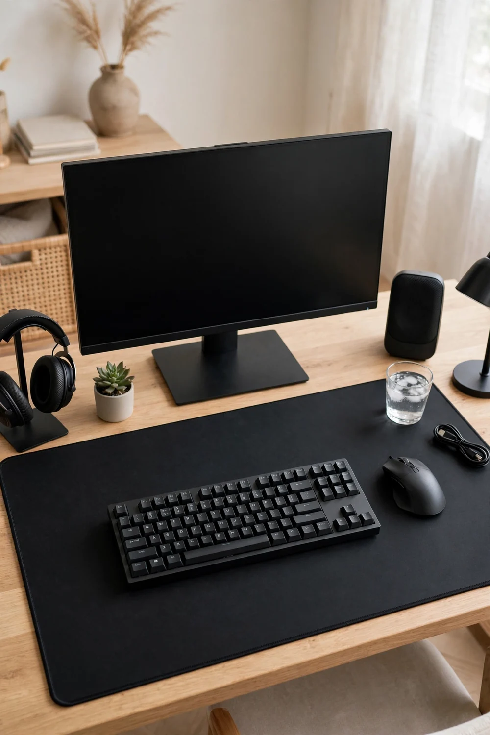 Gaming desk with a large matte desk mat under the keyboard and monitor