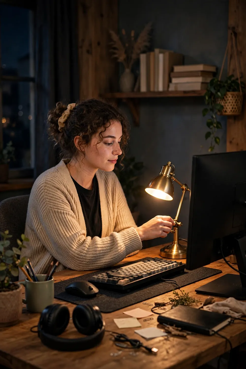 Person sitting at a gaming desk at night testing lamp positions around a monitor