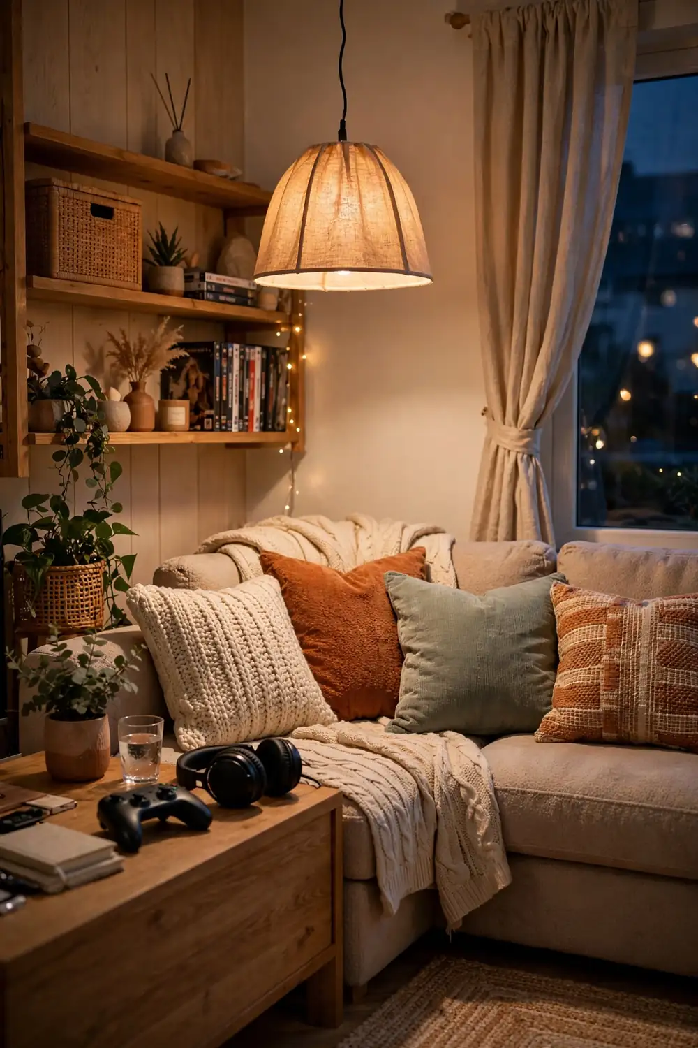 Cozy gaming room couch corner with a warm pendant lamp hanging above it