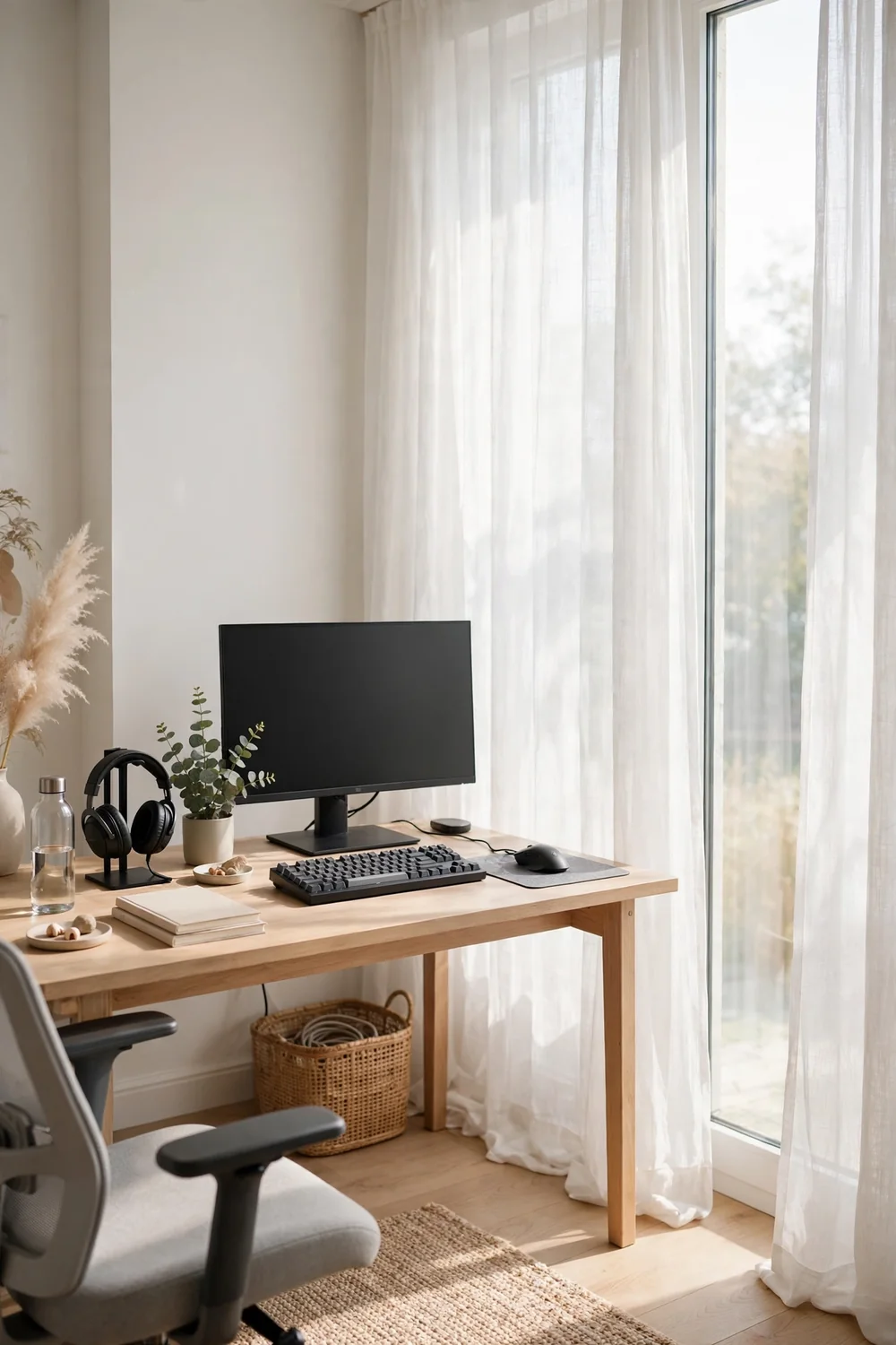 Gaming desk beside a window with sheer curtains softening bright daylight
