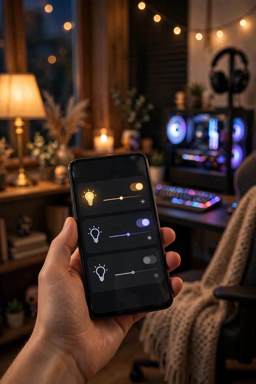 Hand holding a phone with a smart lighting app scene open in a gaming room
