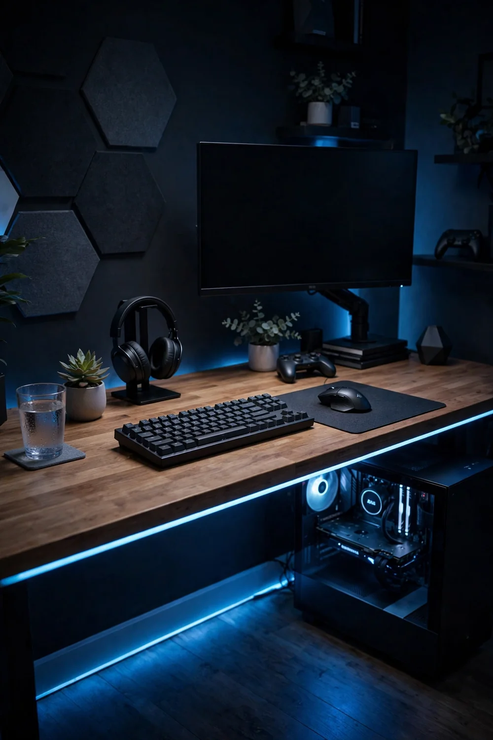 Gaming desk with a soft blue LED glow strip under the front edge lighting the floor