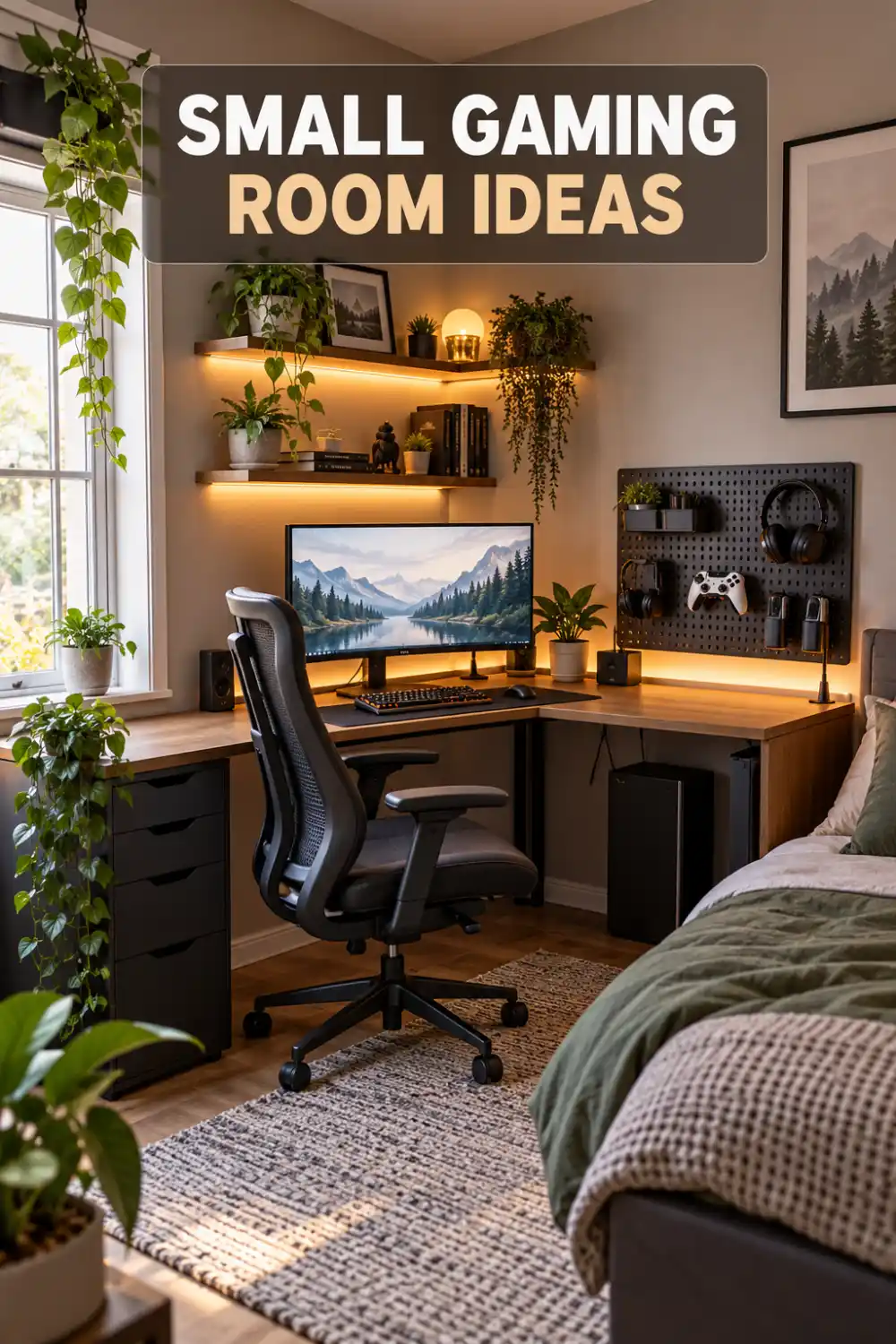 Small bedroom corner transformed into an organized gaming setup