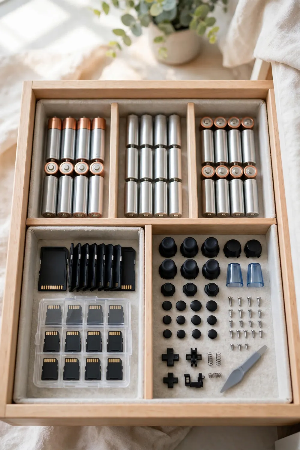 Tidy organized gaming storage drawer with dividers holding accessories