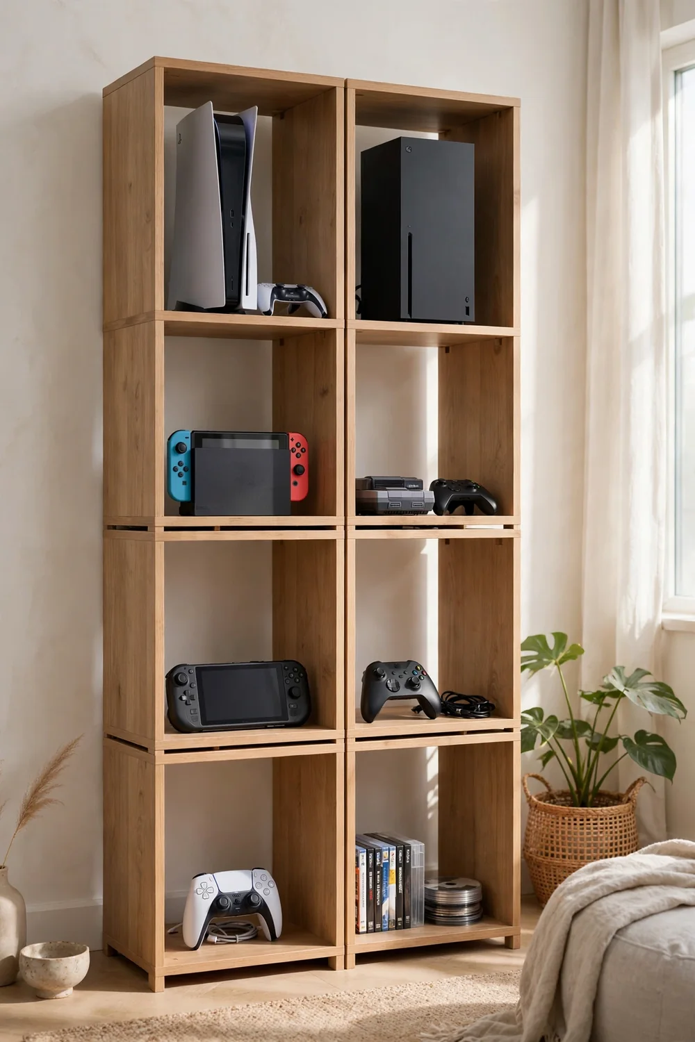Gaming console tower shelf with multiple consoles neatly slotted in individual cubes