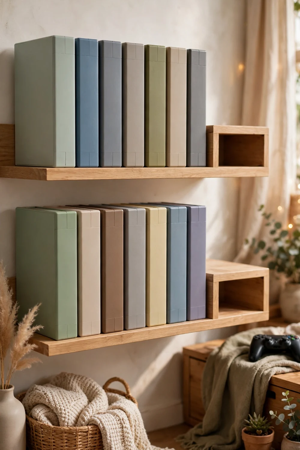 Game cases standing upright on shelves like a library, spines facing out
