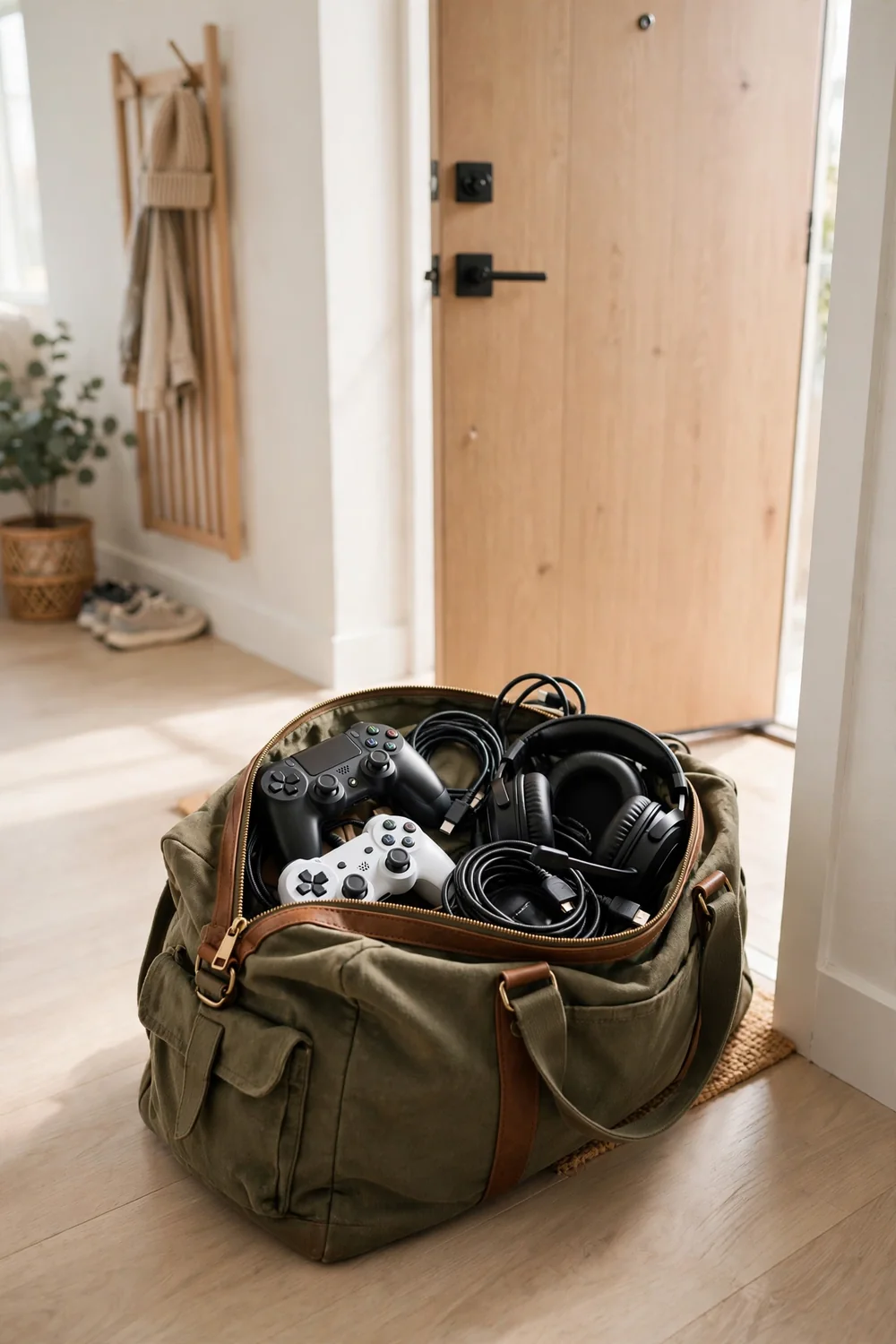Packed game night bag with controllers and headset sitting by a door