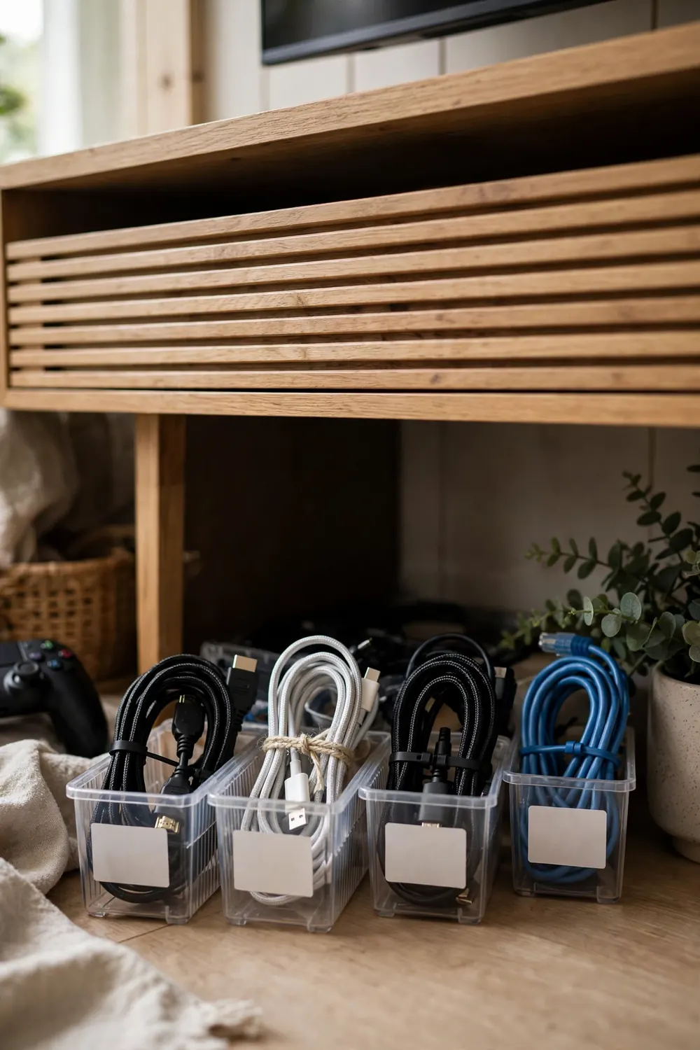 Labeled storage bins with coiled gaming cables tucked behind a TV stand